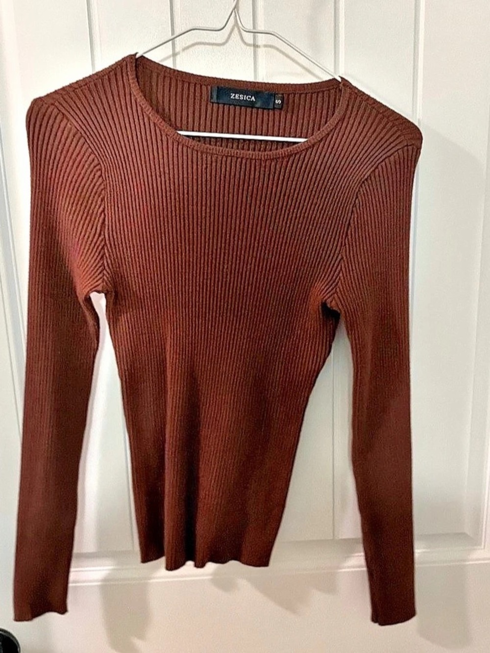 ZESICA Long Sleeve Crewneck Ribbed Knit Top Brown Small